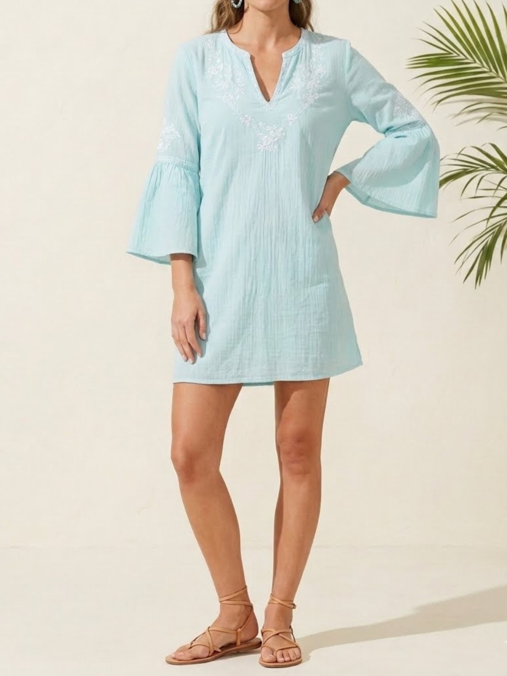 TOMMY BAHAMA Relaxed Cotton Embroidered Tunic Mini Dress Bell Sleeves Large